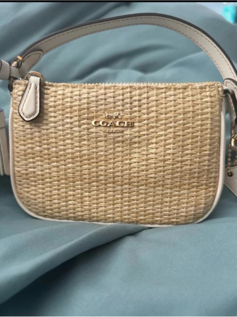 Coach Nolita 15 Straw Woven Mini Bag in Natural and White with Gold Hardware